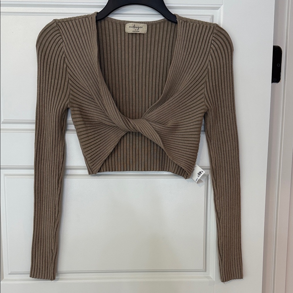 Audrey 3+1  Taupe Ribbed Knit Long Sleeve Top